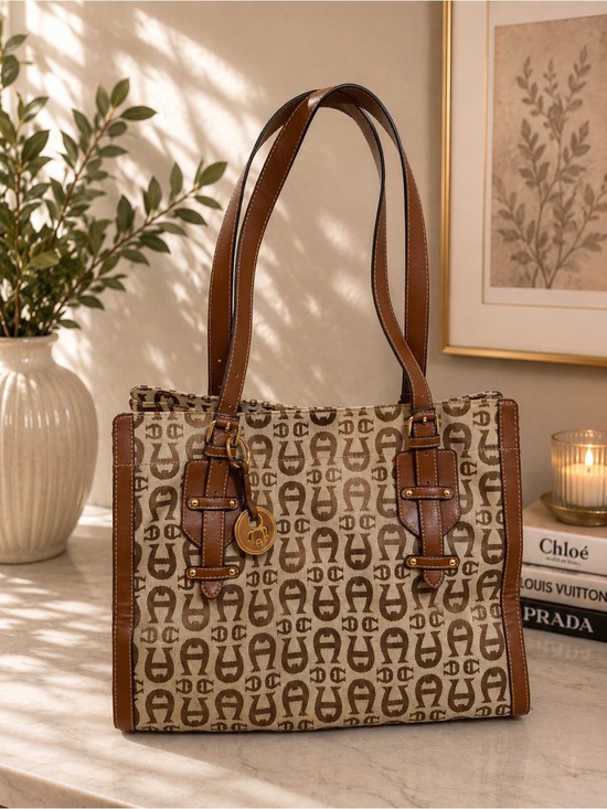 Etienne Aigner Handbags - ETIENNE AIGNER Brown Logo Canvas Tote Bag EUC